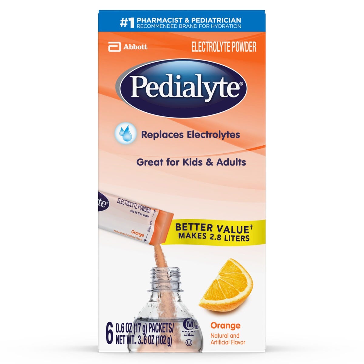 Pedialyte Powder Packs / Orange / 17g stickpacks / 36 Count